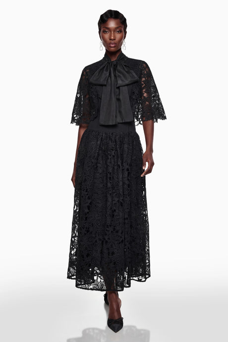Eleanor Maxi Dress Black Floral Lace with Self-Tie