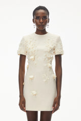 Skye Ivory Round Neck Mini Dress with Floral Applique