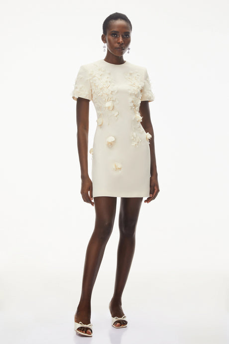 Colomba Mini Dress Ivory Round Neck with Floral Applique