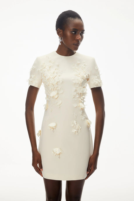 Colomba Mini Dress Ivory Round Neck with Floral Applique
