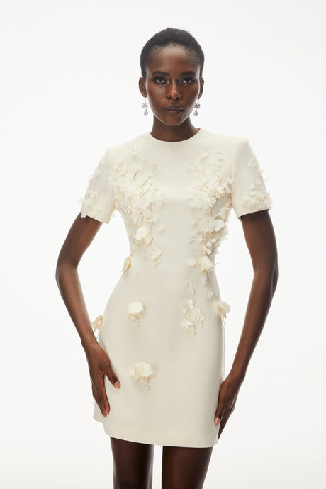 Colomba Mini Dress Ivory Round Neck with Floral Applique
