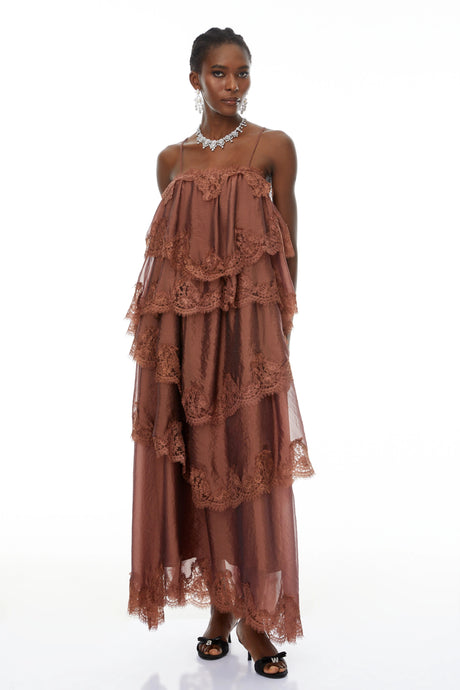 Geraldina Maxi Dress Brown Ruffled Lace Trim
