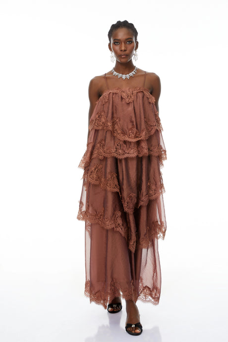 Geraldina Maxi Dress Brown Ruffled Lace Trim