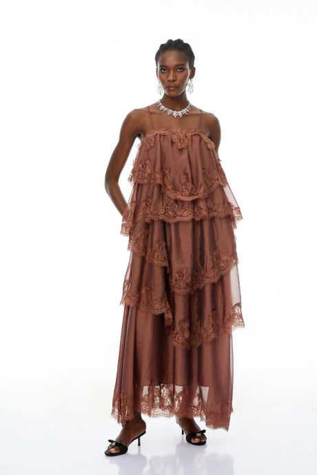 Geraldina Maxi Dress Brown Ruffled Lace Trim