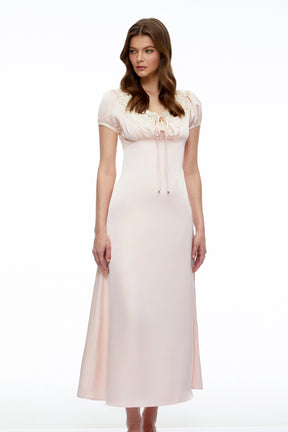 Sloane Pink Satin Midi Dress with Lace Collar