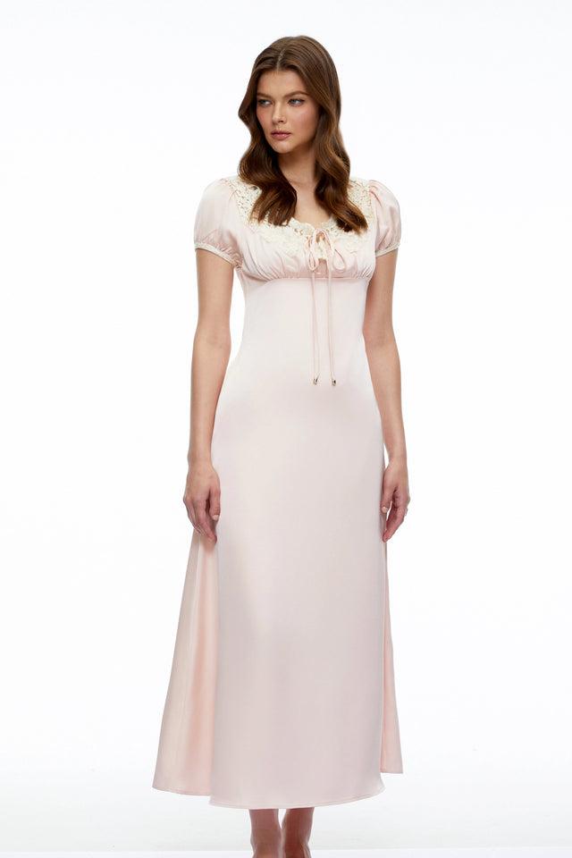 Sloane Pink Satin Midi Dress with Lace Collar