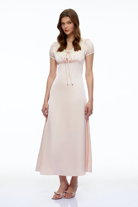 Ava Midi Dress Pink Satin with Lace Collar