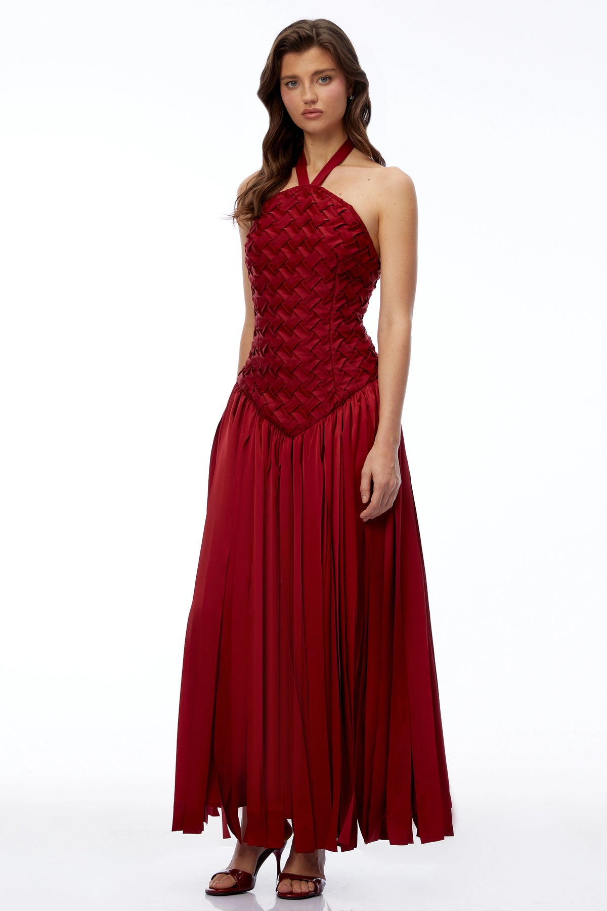 Sloane Red Halterneck Pleated Maxi Dress with LaceUp Detail