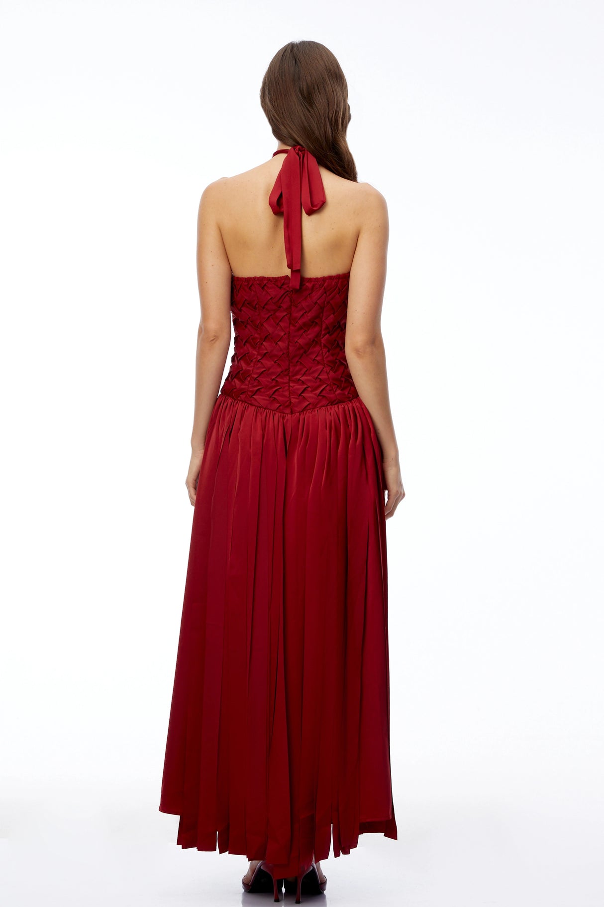 Sloane Red Halterneck Pleated Maxi Dress with LaceUp Detail