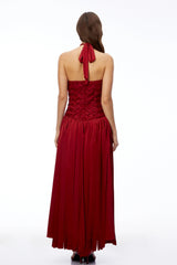 Sloane Red Halterneck Pleated Maxi Dress with LaceUp Detail