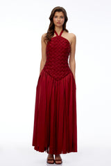 Sloane Red Halterneck Pleated Maxi Dress with LaceUp Detail