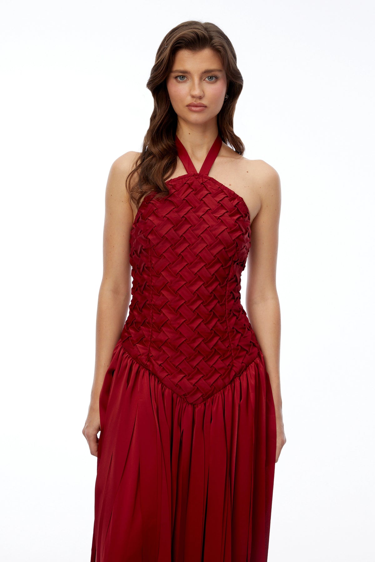 Sloane Red Halterneck Pleated Maxi Dress with LaceUp Detail