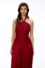 Sloane Red Halterneck Pleated Maxi Dress with LaceUp Detail