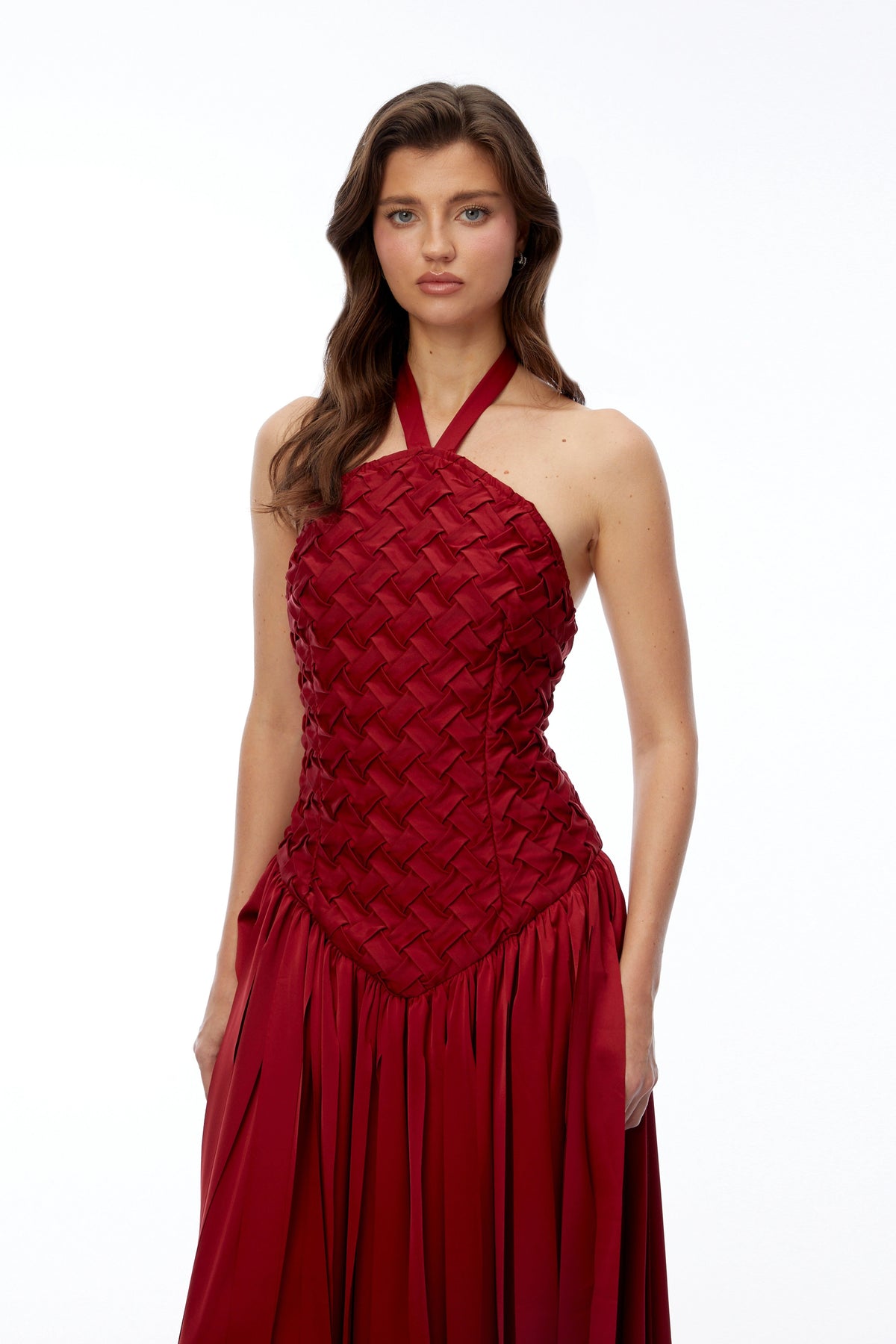Sloane Red Halterneck Pleated Maxi Dress with LaceUp Detail