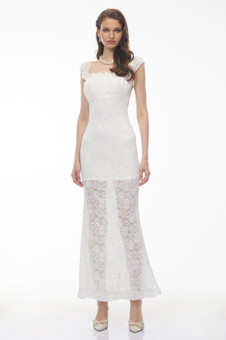 Martina Maxi Dress White Ruffled Lace Fishtail