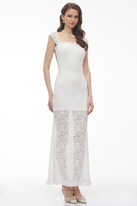 Martina Maxi Dress White Ruffled Lace Fishtail