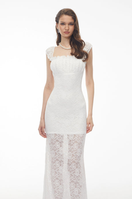Martina Maxi Dress White Ruffled Lace Fishtail
