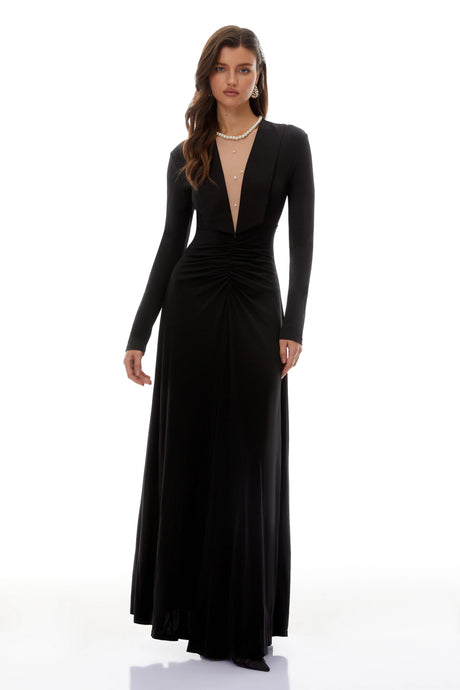 Costanza Maxi Dress Black Cinched Waist Ruched