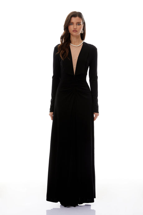 Costanza Maxi Dress Black Cinched Waist Ruched