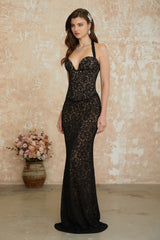 Sofia Black Floral Lace Corset Maxi Gown