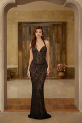 Sofia Black Floral Lace Corset Maxi Gown