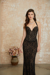 Sofia Black Floral Lace Corset Maxi Gown