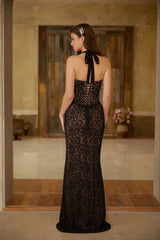 Sofia Black Floral Lace Corset Maxi Gown