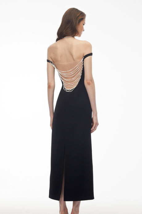 Brooklyn Maxi Dress Black Off Shoulder Backless with Pearl Chain