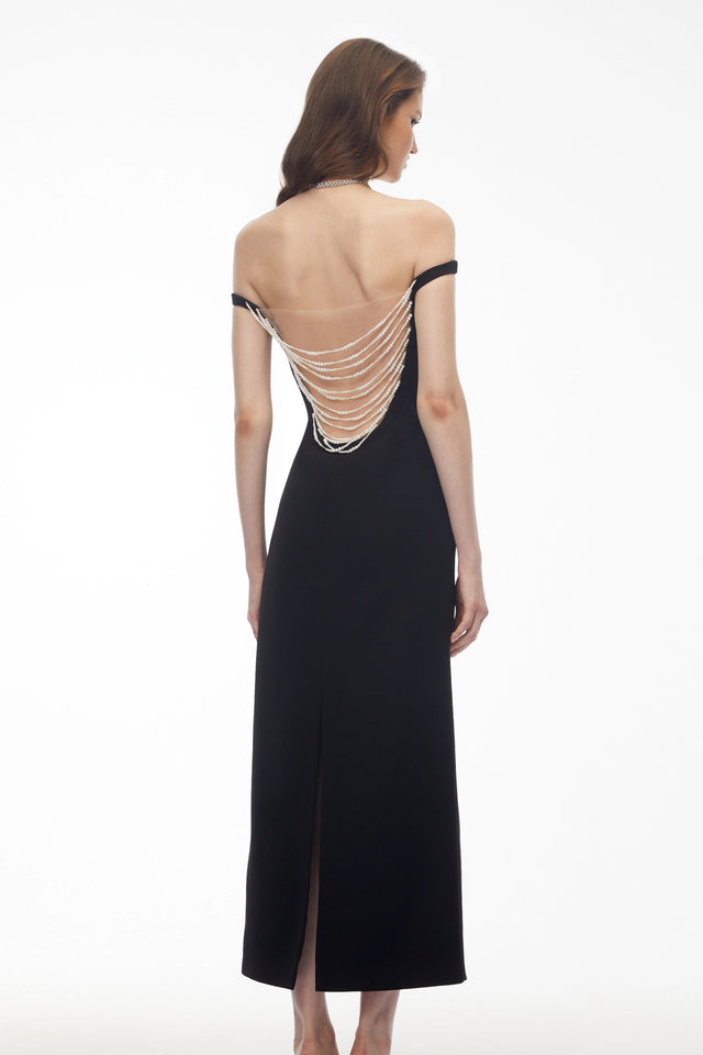 Sofia Black Off Shoulder Backless Maxi Dress with Pearl Chain