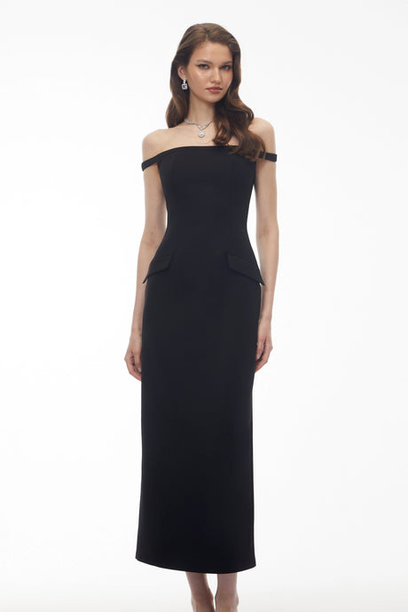Brooklyn Maxi Dress Black Off Shoulder Backless with Pearl Chain