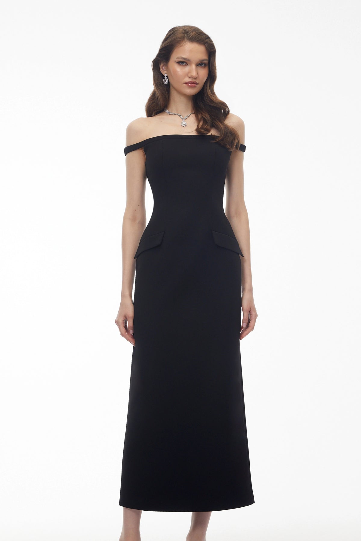 Sofia Black Off Shoulder Backless Maxi Dress with Pearl Chain
