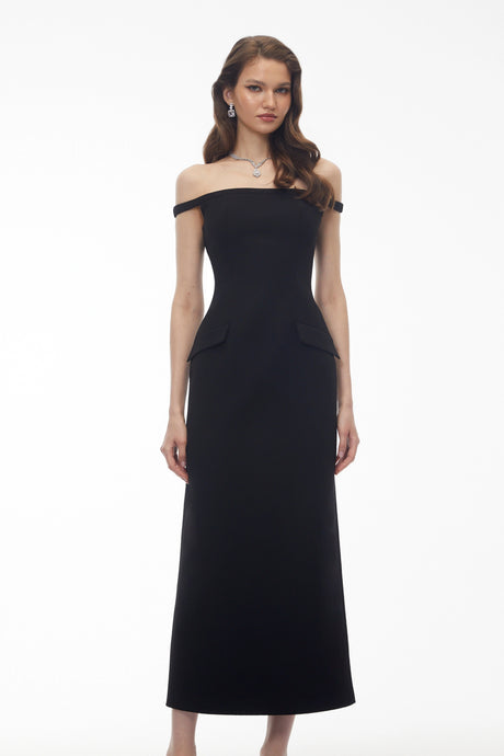 Brooklyn Maxi Dress Black Off Shoulder Backless with Pearl Chain