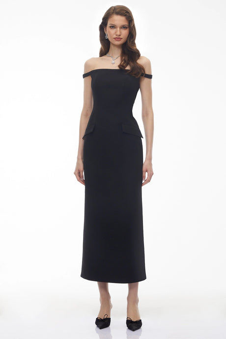 Brooklyn Maxi Dress Black Off Shoulder Backless with Pearl Chain