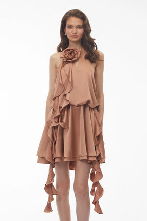 Solange Camel Halterneck Ruched Mini Dress with 3D Florals