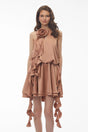 Solange Camel Halterneck Ruched Mini Dress with 3D Florals