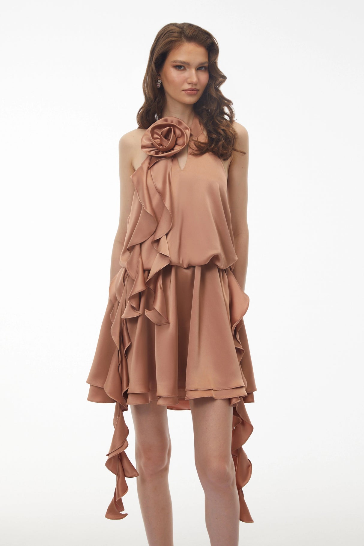 Solange Camel Halterneck Ruched Mini Dress with 3D Florals