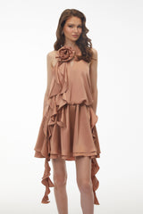 Solange Camel Halterneck Ruched Mini Dress with 3D Florals