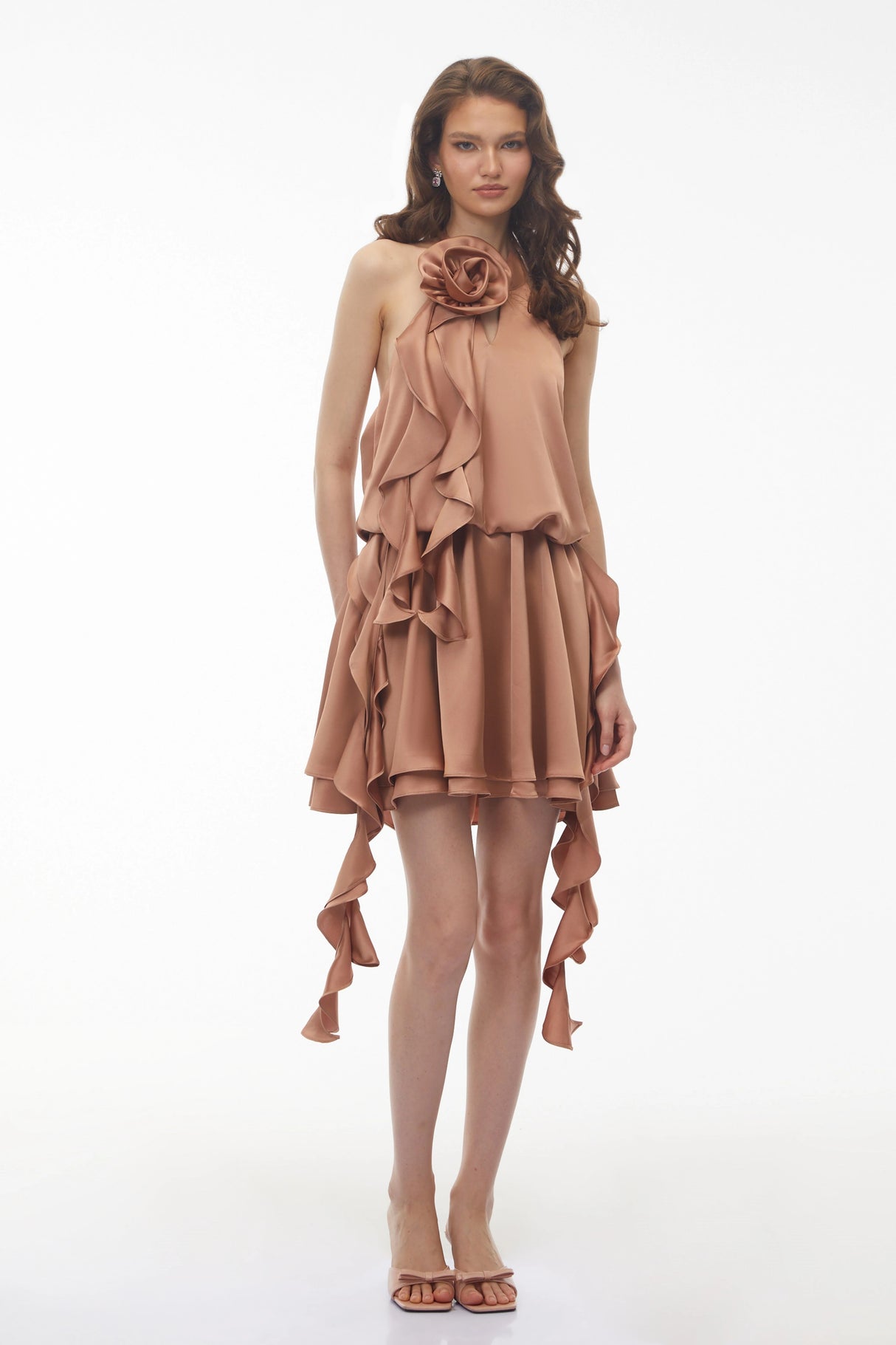 Solange Camel Halterneck Ruched Mini Dress with 3D Florals