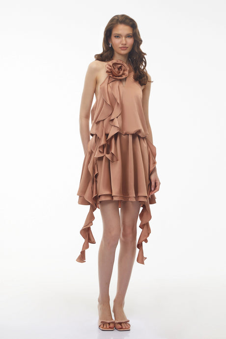 Marianna Mini Dress Camel Halterneck Ruched with 3D Florals