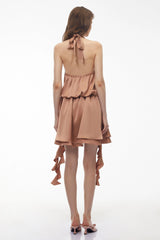 Solange Camel Halterneck Ruched Mini Dress with 3D Florals