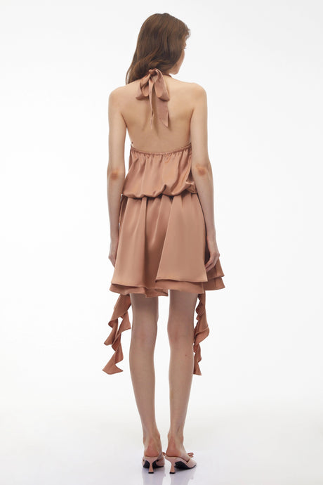 Marianna Mini Dress Camel Halterneck Ruched with 3D Florals
