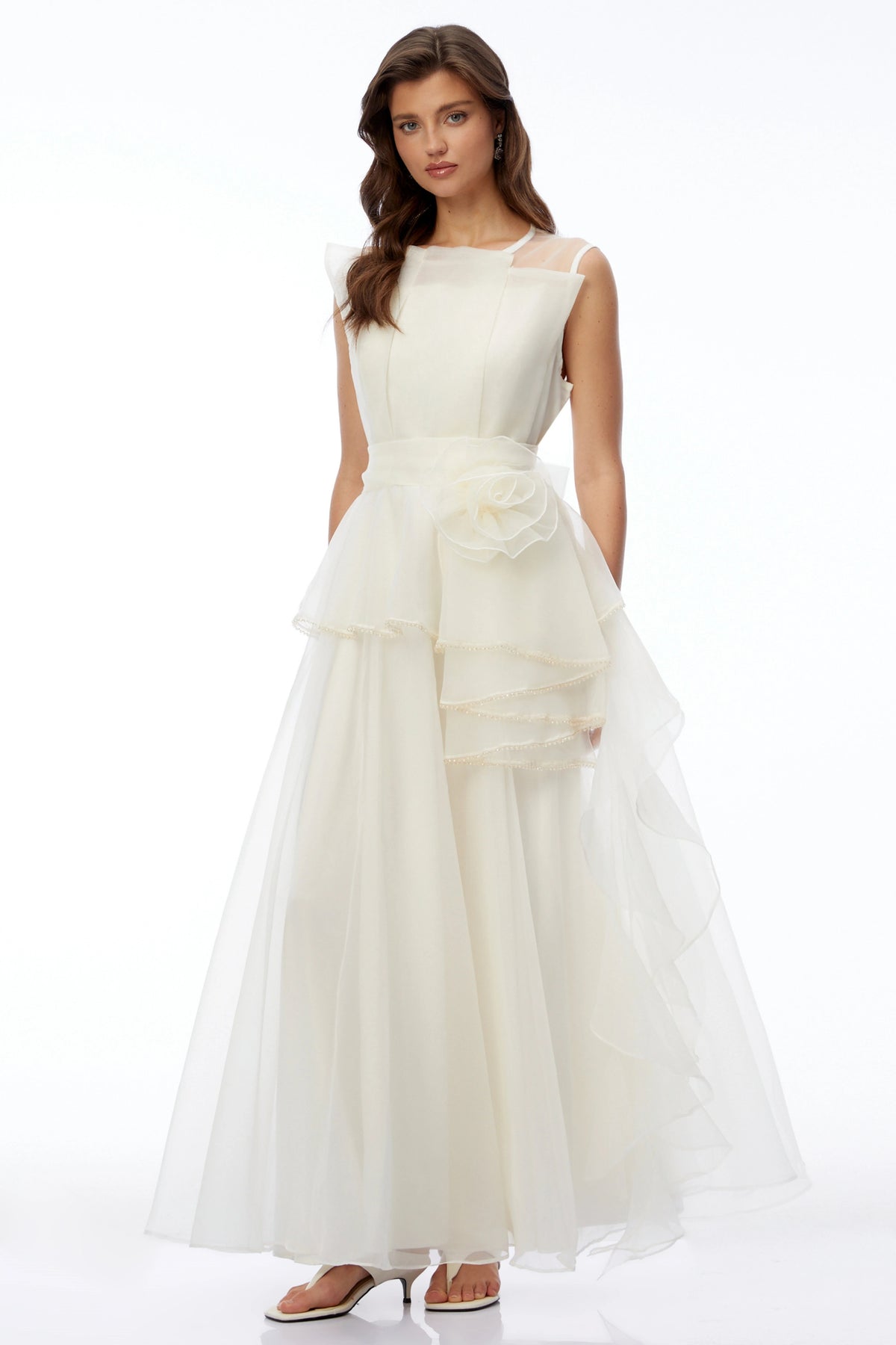 Solange Ivory Sleeveless Chiffon Maxi Dress with 3D Florals