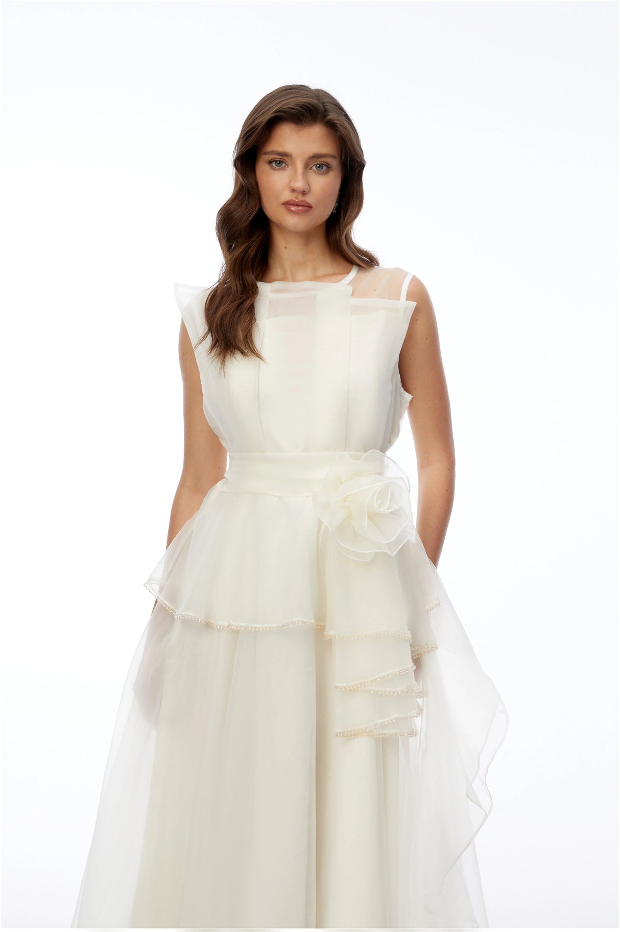 Solange Ivory Sleeveless Chiffon Maxi Dress with 3D Florals