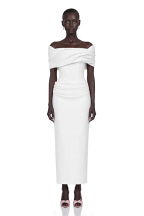 Solara White Draped Midi Dress