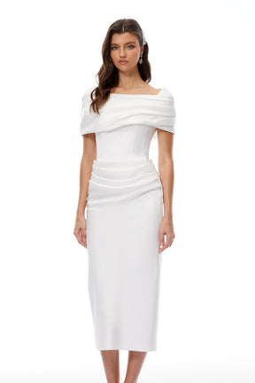 Solara White Draped Midi Dress