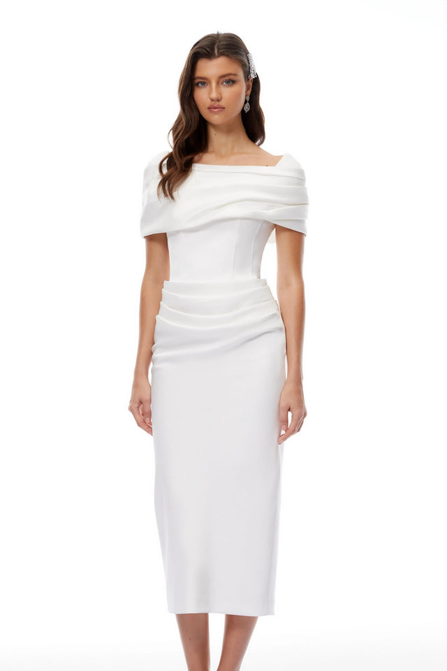 Solara White Draped Midi Dress