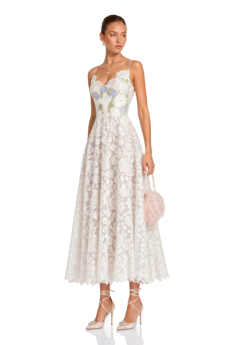 Adele Midi Dress White Floral Embroidered Lace