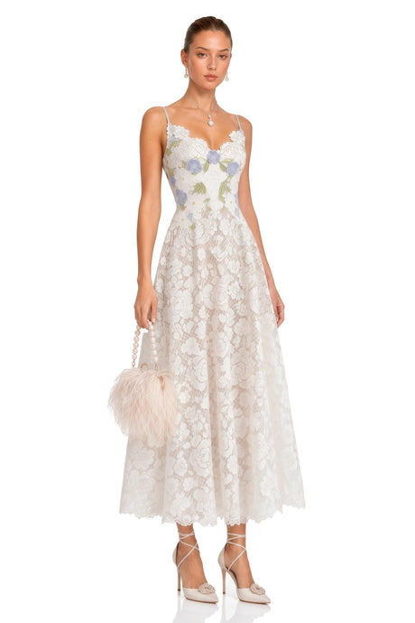Adele Midi Dress White Floral Embroidered Lace