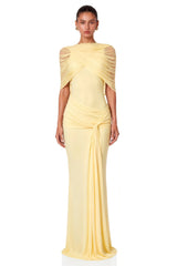 Solenne Yellow Asymmetrical Pleated Maxi Dress