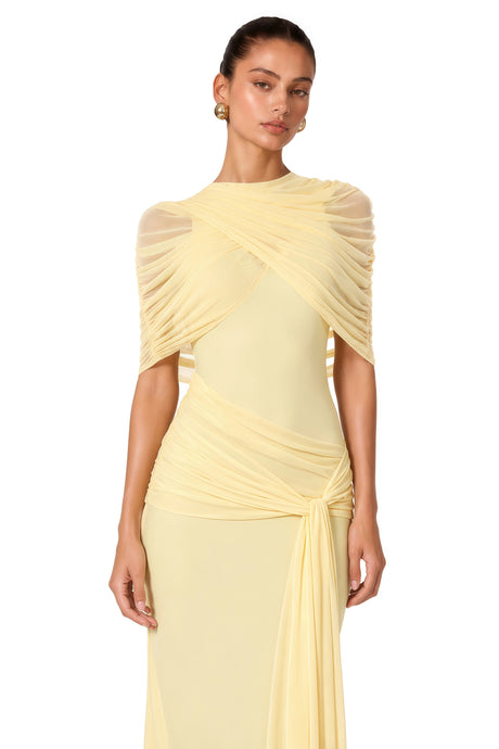 Antonia Maxi Dress Yellow Asymmetrical Pleated